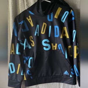 Adidas Men's Black Crewneck Sweater with Blue and Yellow Lettering